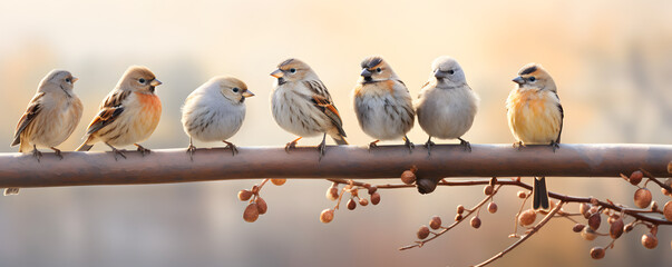 Flock of tree sparrows on the branch in a garden