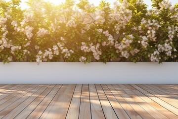 A wooden floor in front of a wall adorned with beautiful flowers. Perfect for adding a touch of nature and elegance to any space