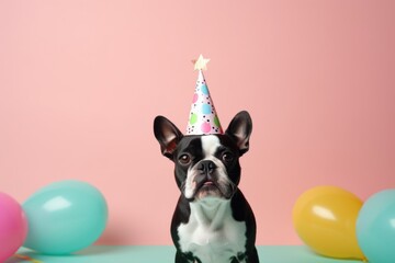 A black and white dog wearing a party hat. Perfect for celebrating special occasions
