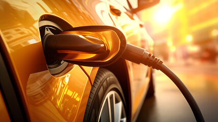 EV charging station for golden electric car in concept of green energy and eco power