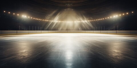 An empty ice rink illuminated by shining lights. Perfect for winter sports and recreational activities - obrazy, fototapety, plakaty