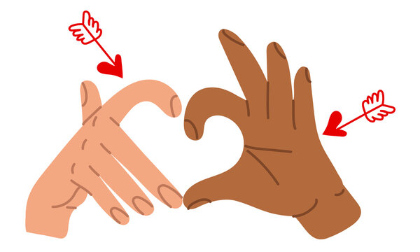 Hands with a heart sign, the designation I love you. Valentine's Day images, heart shapes with different hands. Arrows connecting two people. A variety of hands. Halves with different hands