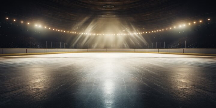 An empty ice rink illuminated by shining lights. Perfect for winter sports and recreational activities