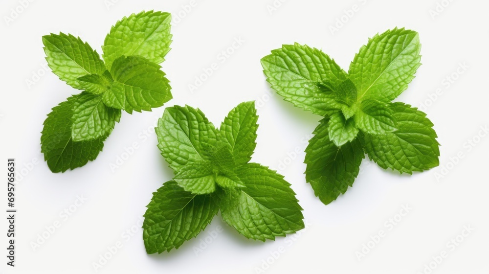 Poster a group of fresh mint leaves on a white surface. versatile and refreshing, this image can be used in