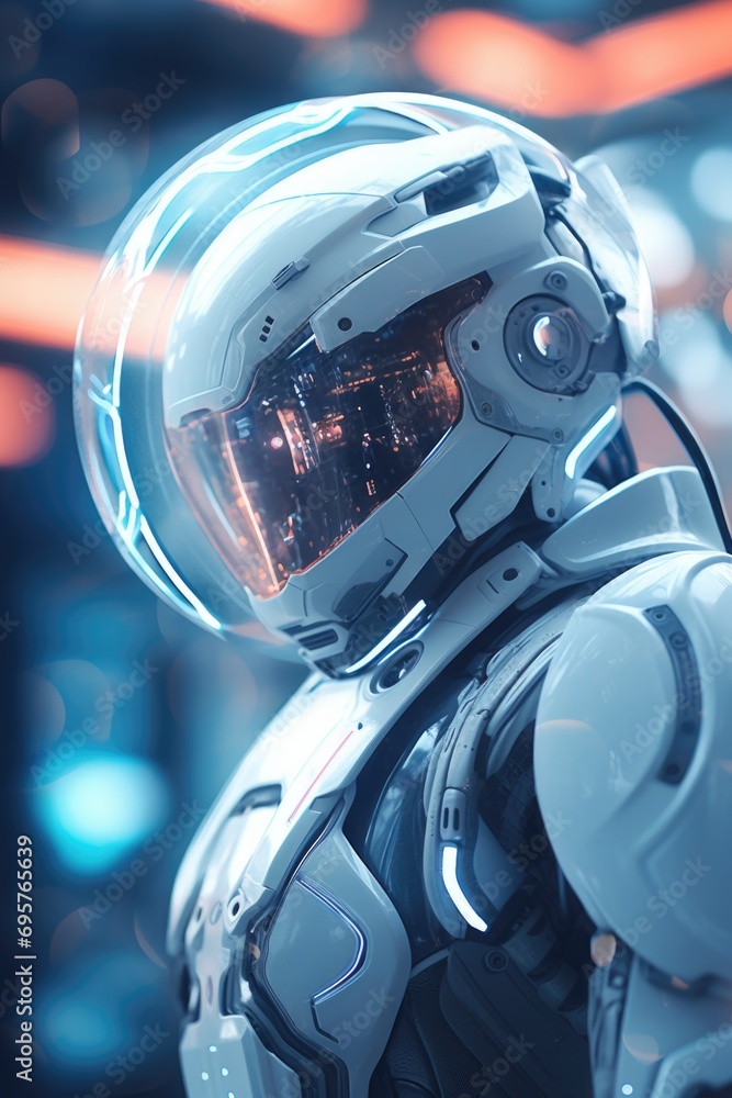 Poster a close-up shot of a person wearing a space suit. this image can be used to depict space exploration