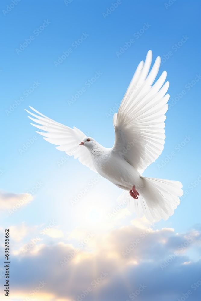 Poster a stunning image of a white bird soaring through the sky with its wings spread wide. perfect for nat