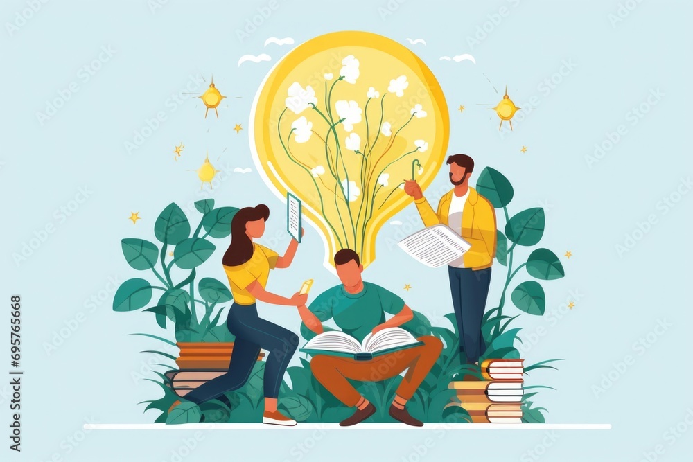 Aufkleber a group of people gathered around a light bulb. this image can be used to represent teamwork, brains