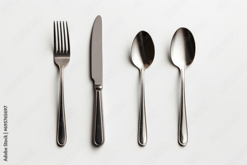 Poster A set of silverware consisting of a knife, fork, and spoon. Suitable for use in various dining and culinary concepts