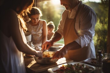 A group of people working together to prepare food in a kitchen. This versatile image can be used to showcase teamwork, cooking, culinary skills, or a bustling kitchen environment