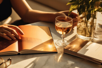 A person sitting at a table with a book and a glass of wine. Perfect for cozy evenings and relaxation - obrazy, fototapety, plakaty
