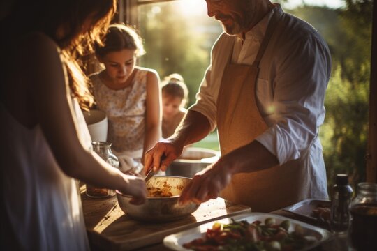 A group of people working together to prepare food in a kitchen. This versatile image can be used to showcase teamwork, cooking, culinary skills, or a bustling kitchen environment