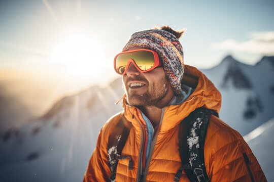 A man wearing a hat and goggles stands in the snow. This image can be used to depict winter activities or outdoor adventures
