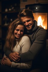 A heartwarming image of a man and a woman hugging in front of a cozy fireplace.