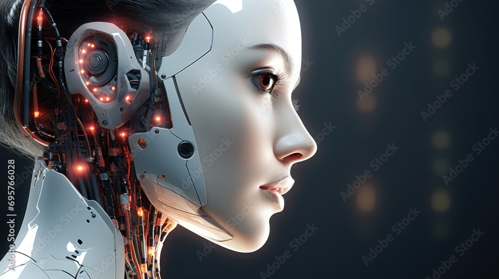 Aufkleber A woman's head with a robot's face. This image can be used to depict the merging of human and artificial intelligence or to illustrate futuristic technology