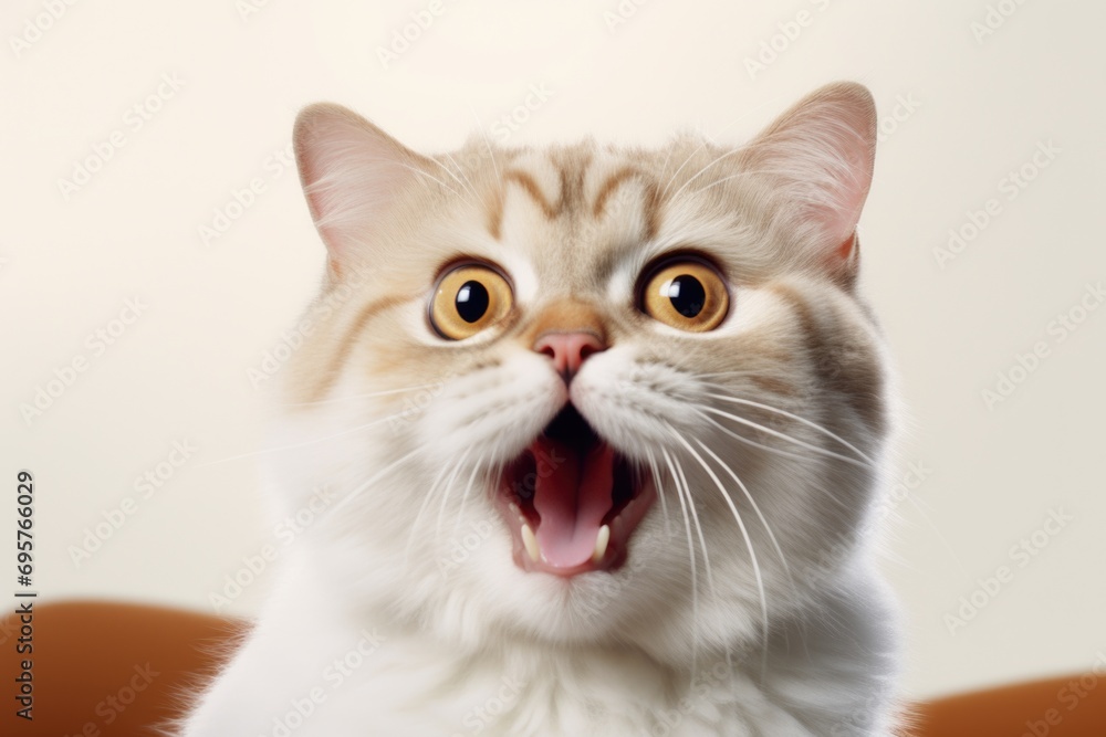 Poster A close-up view of a cat with its mouth open. Perfect for showcasing feline expressions. Ideal for pet-related designs and content