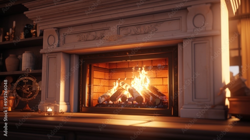 Poster a cozy fireplace with a warm fire burning. perfect for creating a cozy atmosphere or adding a touch 