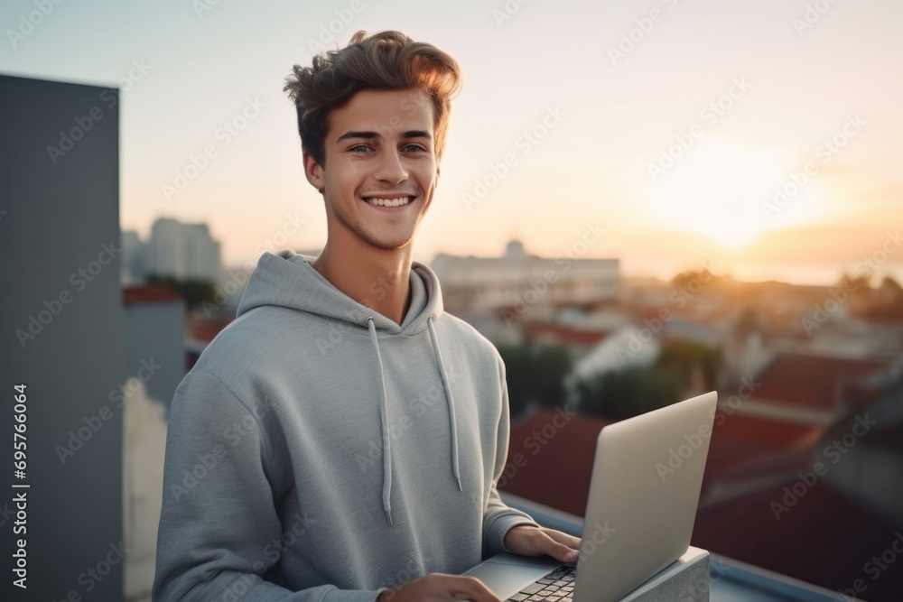 Poster a young man with a smile on his face as he uses a laptop. ideal for illustrating technology, work, o