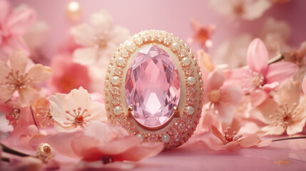 A bejeweled egg amidst soft pink cherry blossoms.