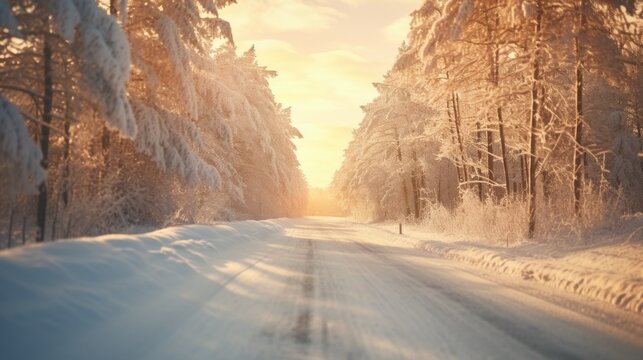 A picture of a snowy road in the middle of a forest. Can be used to depict winter landscapes or travel in nature