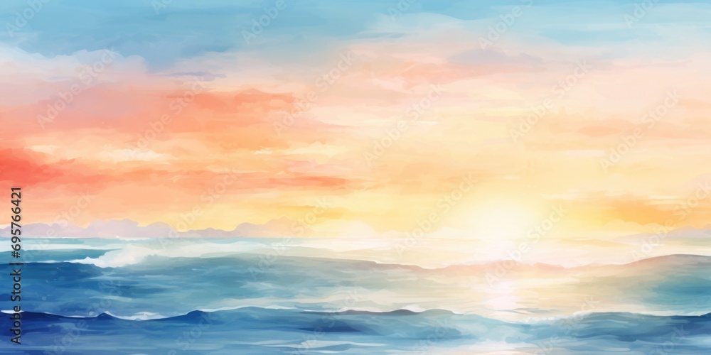Poster A beautiful painting capturing a sunset over the ocean. Perfect for adding a touch of serenity and natural beauty to any space