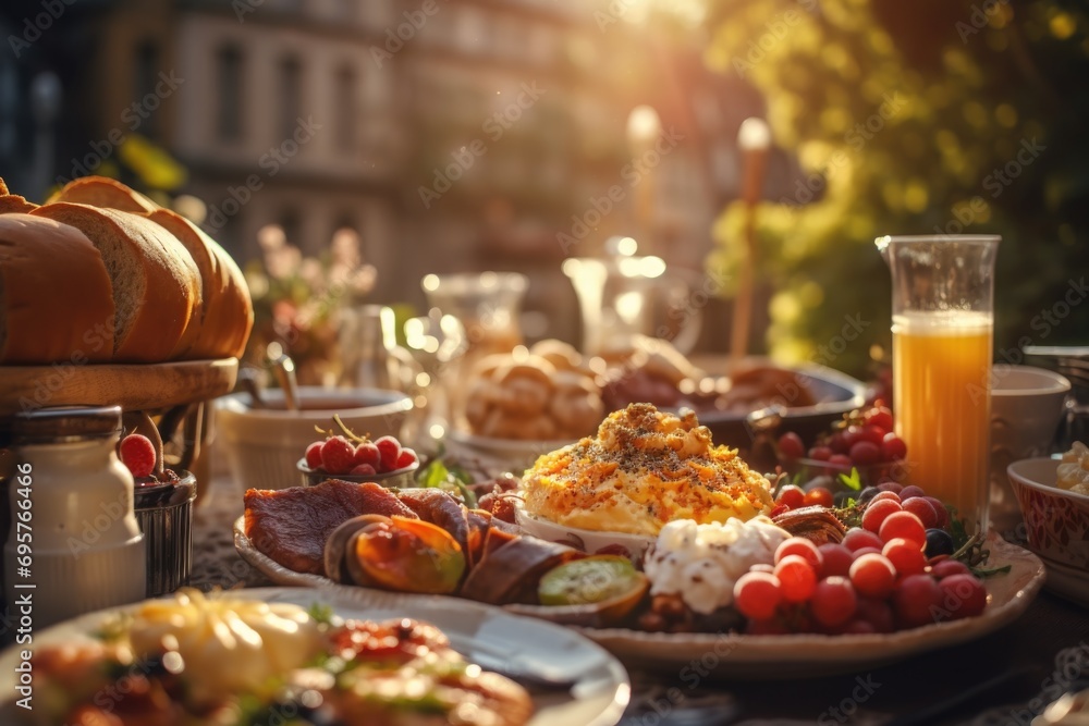 Poster a table filled with plates of food and drinks. great for showcasing a variety of dishes and beverage
