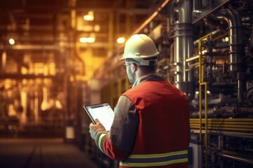 A man wearing a hard hat holding a tablet. Suitable for construction, engineering, and technology concepts