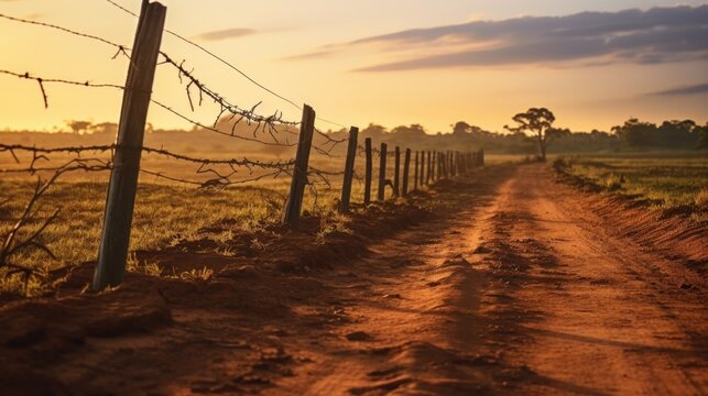 A picture of a dirt road running alongside a barbed wire fence. This image can be used to depict rural landscapes, boundaries, or the concept of isolation