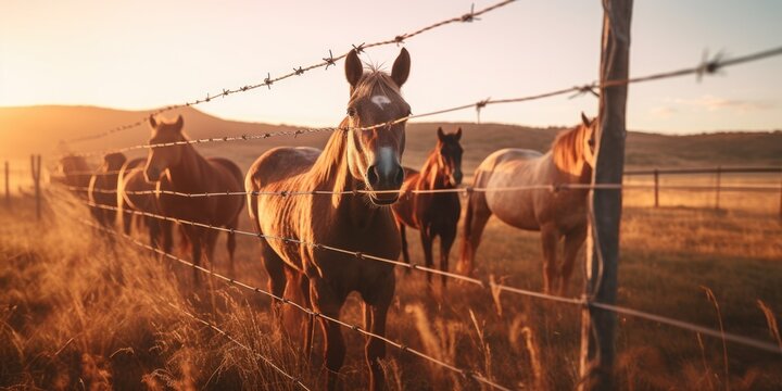 Horses standing together behind a sturdy barbed wire fence. This image can be used to depict confinement, freedom, or the beauty of nature