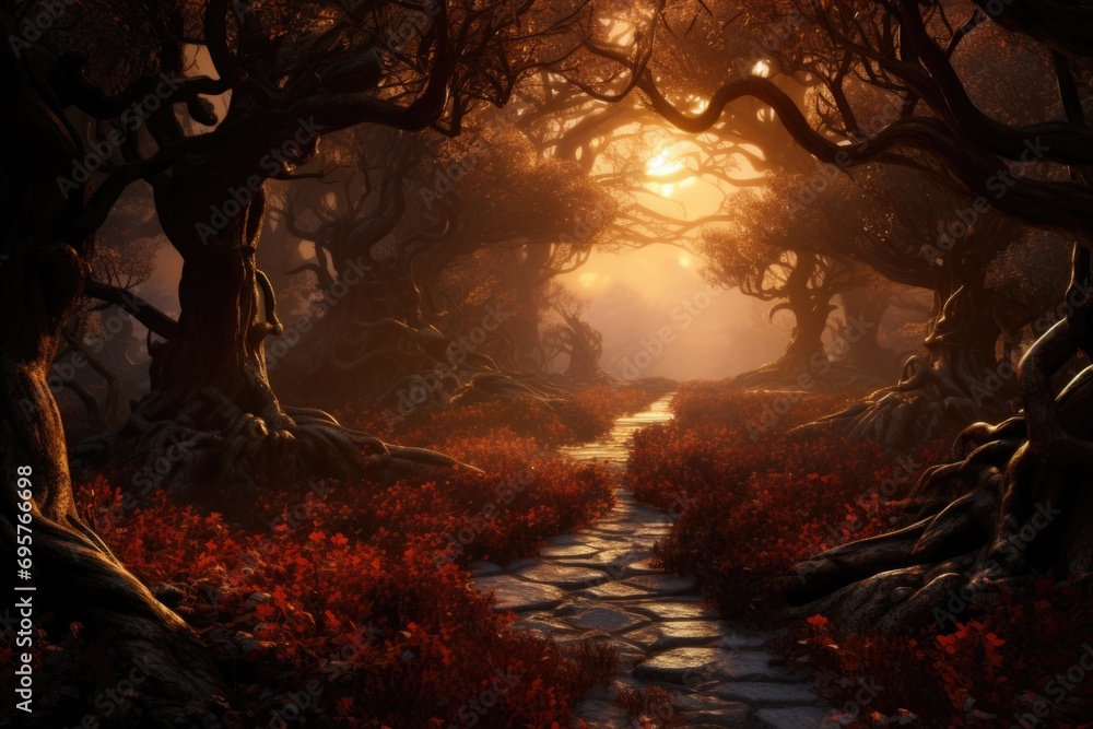 Poster a serene image of a path winding through a lush forest. perfect for nature and outdoor-themed design