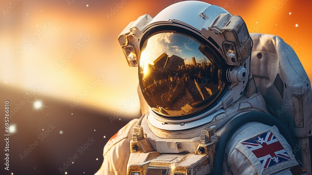 Poster astronaut in a space suit with a beautiful sunset in the background. perfect for space exploration c