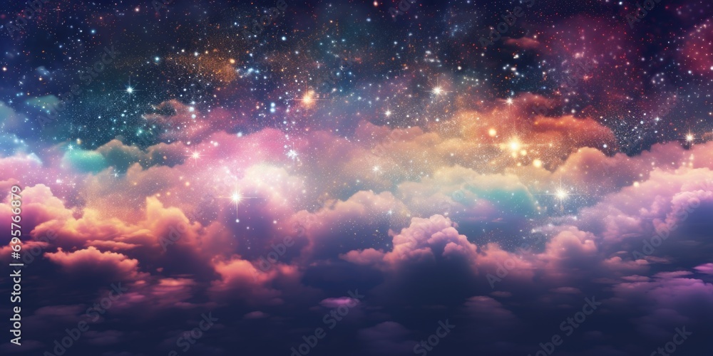 Poster A beautiful image of a clear sky with fluffy clouds and twinkling stars. Perfect for adding a dreamy and celestial touch to any project