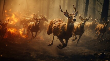 A group of deer running through a dense forest. Perfect for nature and wildlife enthusiasts