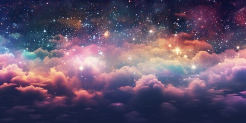 A beautiful image of a clear sky with fluffy clouds and twinkling stars. Perfect for adding a...