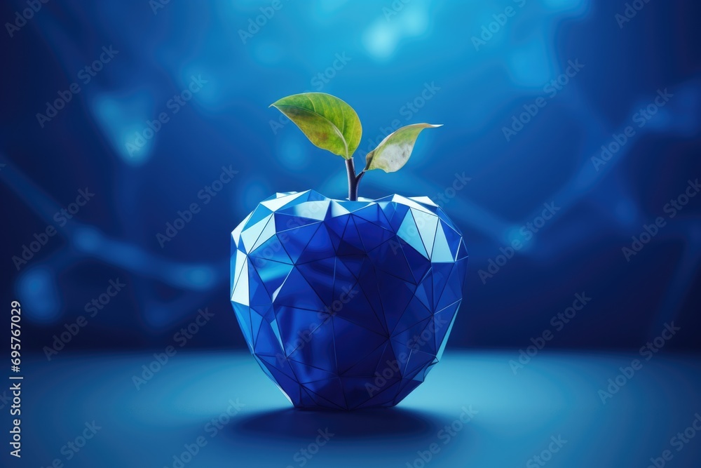 Poster a blue apple with a green leaf. suitable for various design projects