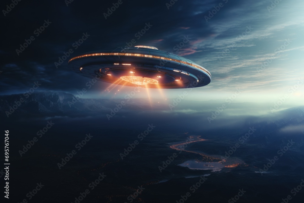 Poster a flying saucer hovering in the sky above a serene river. ideal for science fiction or extraterrestr
