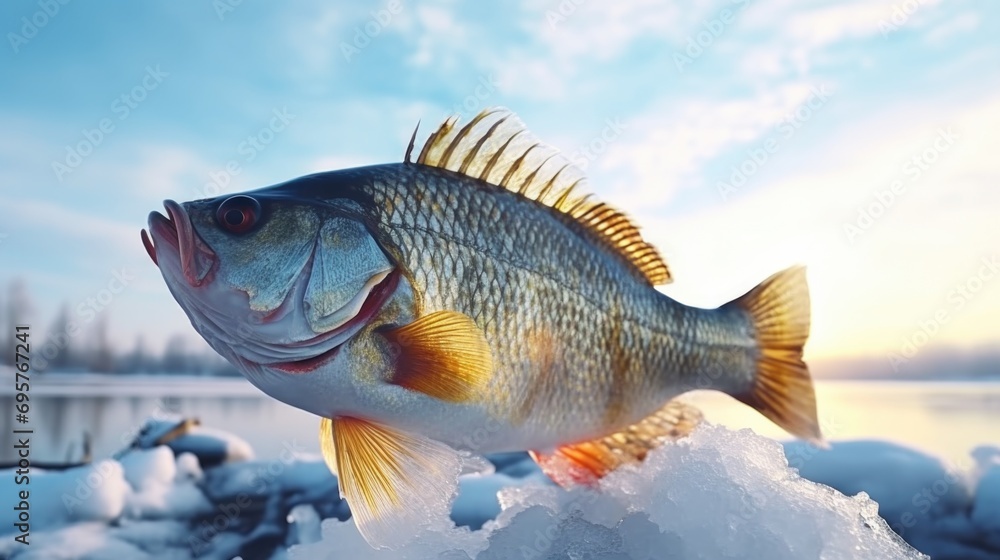 Poster a unique image of a fish standing in the snow. perfect for adding a touch of whimsy to winter-themed