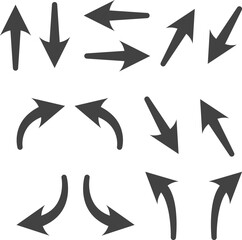 Collection of hand drawn solid arrows with curved corner. Sketch elements, including arrow lines, directional arrows, and curling arrows. Vector illustration in EPS 10.