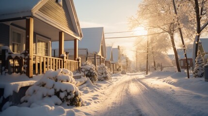 A picturesque snow-covered street lined with charming houses and tall trees. Perfect for winter-themed designs and holiday greetings