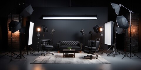 Fototapeta na wymiar A professional photo studio setup with a comfortable couch, a chair, and well-lit lights. Perfect for capturing high-quality images for various purposes