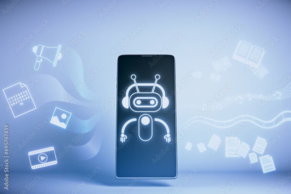 Aufkleber Close up of smartphone with creative robot hologram on blue background. Artificial intelligence, chat gpt and ai concept. 3D Rendering.