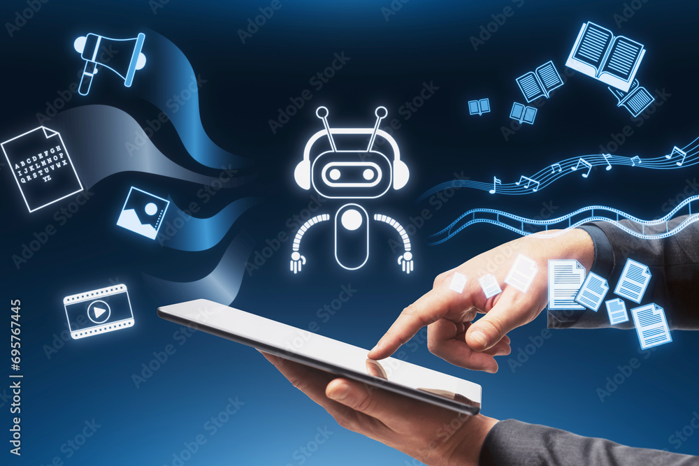 Aufkleber close up of businessman hands using tablet with creative robot hologram on blue background. artifici