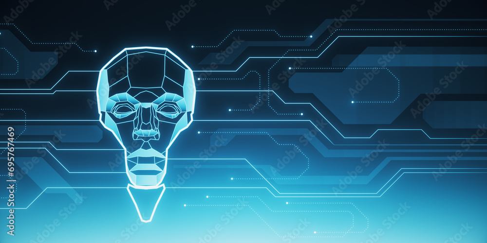 Poster Abstract robot head in the shape of light bulb on blue backdrop with lines. Artificial intelligence and chat gpt concept. 3D Rendering.