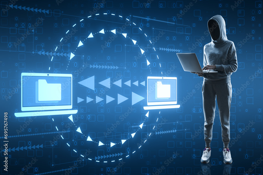 Poster  Hacker using laptop with creative digital data transfer and exchange folders on blue backdrop. Backup data, virtual document storage or loading on cloud service.