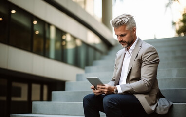 Businessman or corporate employee using digital tablets at office stair