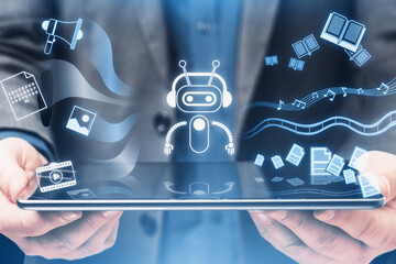 Close up of businessman hands holding tablet with creative robot hologram on blue background. Artificial intelligence, chat gpt and ai concept.