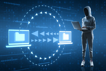 Hacker using laptop with creative digital data transfer and exchange folders on blue backdrop. Backup data, virtual document storage or loading on cloud service. - obrazy, fototapety, plakaty