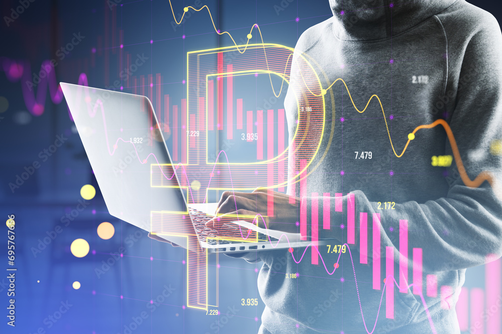 Poster hacker using laptop with falling candlestick forex chart and ruble on blurry office interior backgro