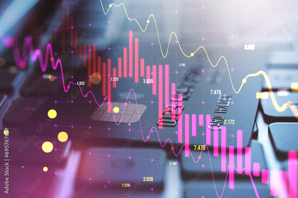 Poster close up of laptop keyboard with bank card and falling candlestick forex chart and index on blurry b