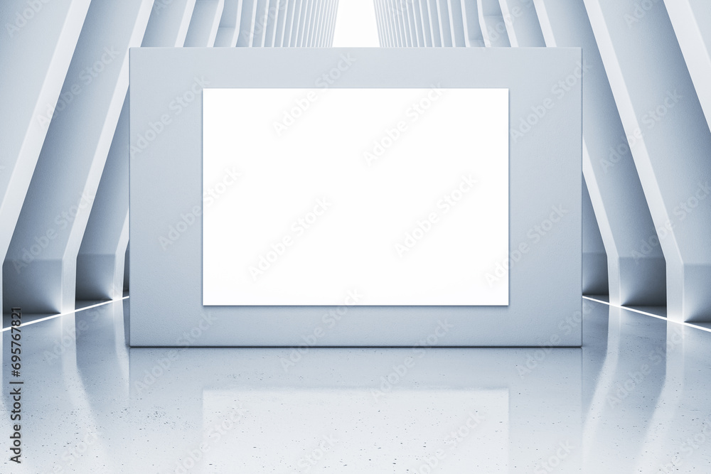 Poster modern futuristic white hallway interior with reflections with blank mock up banner. spaceship conce
