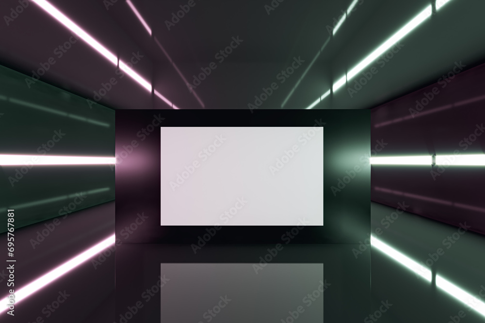 Poster abstract dark futuristic room with empty white mock up banner on wall and lights. tunnel concept. 3d